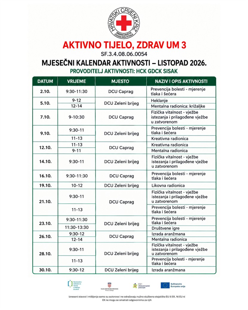 Slika: Aktivno tijelo, zdrav um 3 – kalendar aktivnosti za listopad